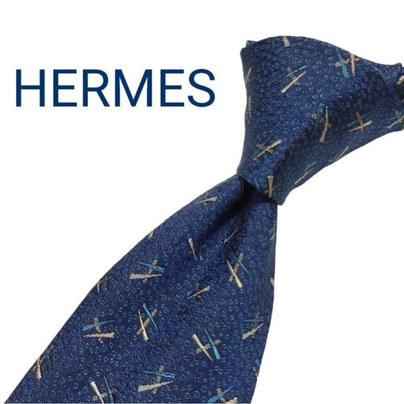 HERMES H pattern navy blue 100% Silk Logo Men's tie - Picture 6 of 9